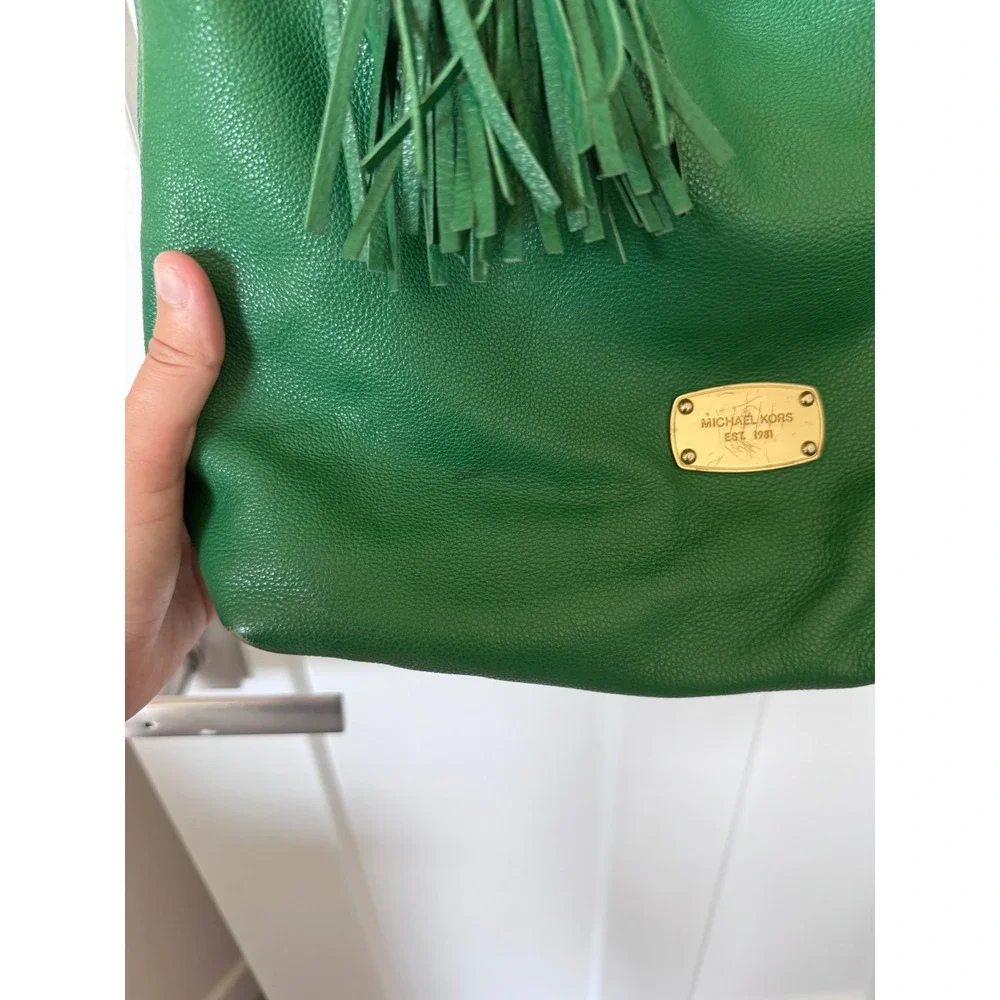 Michael Kors Green Pebbled Leather Hobo Bag Gold Chain Tassel Shoulder Bag